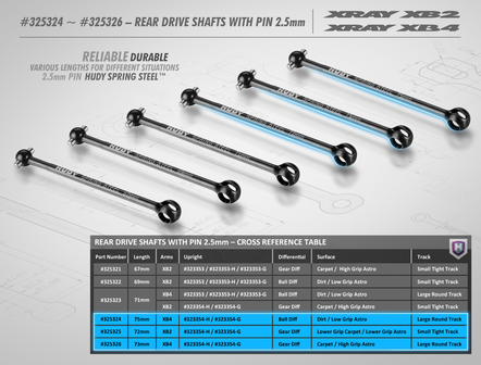 XRAY REAR DRIVE SHAFT 75MM WITH 2.5MM PIN - HUDY SPRING STEEL - 325324